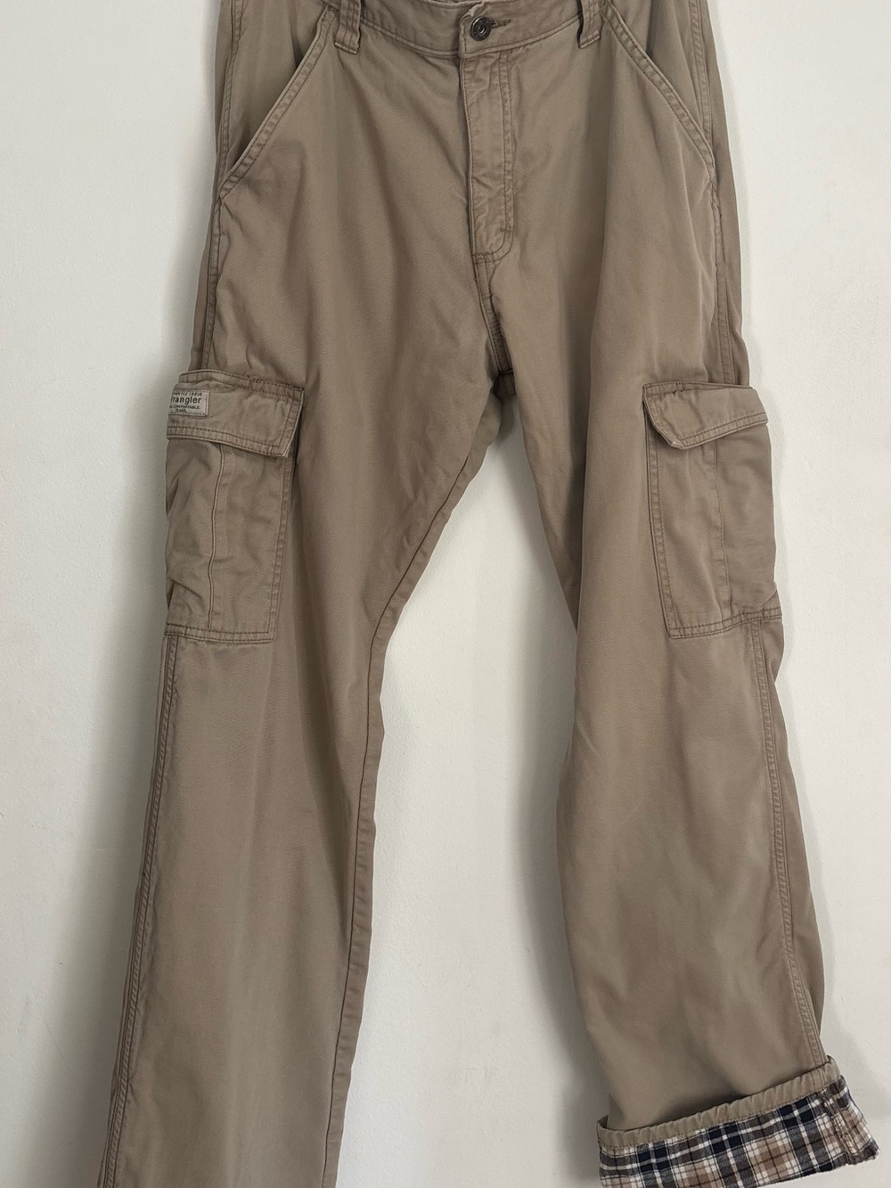 Wrangler Cargo Loose Fit Pants Beige Flannel Lined Cotton Twill Straight Leg 32